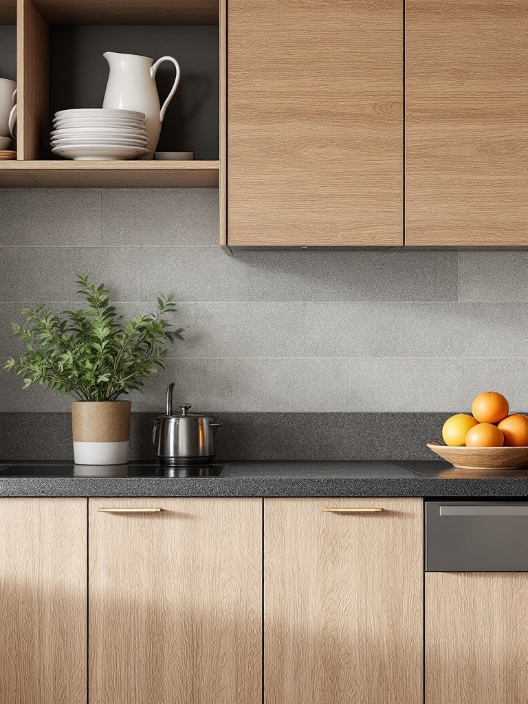 Textured finishes in a kitchen remodel, showcasing wood grain, tiles, and brushed metal for style.