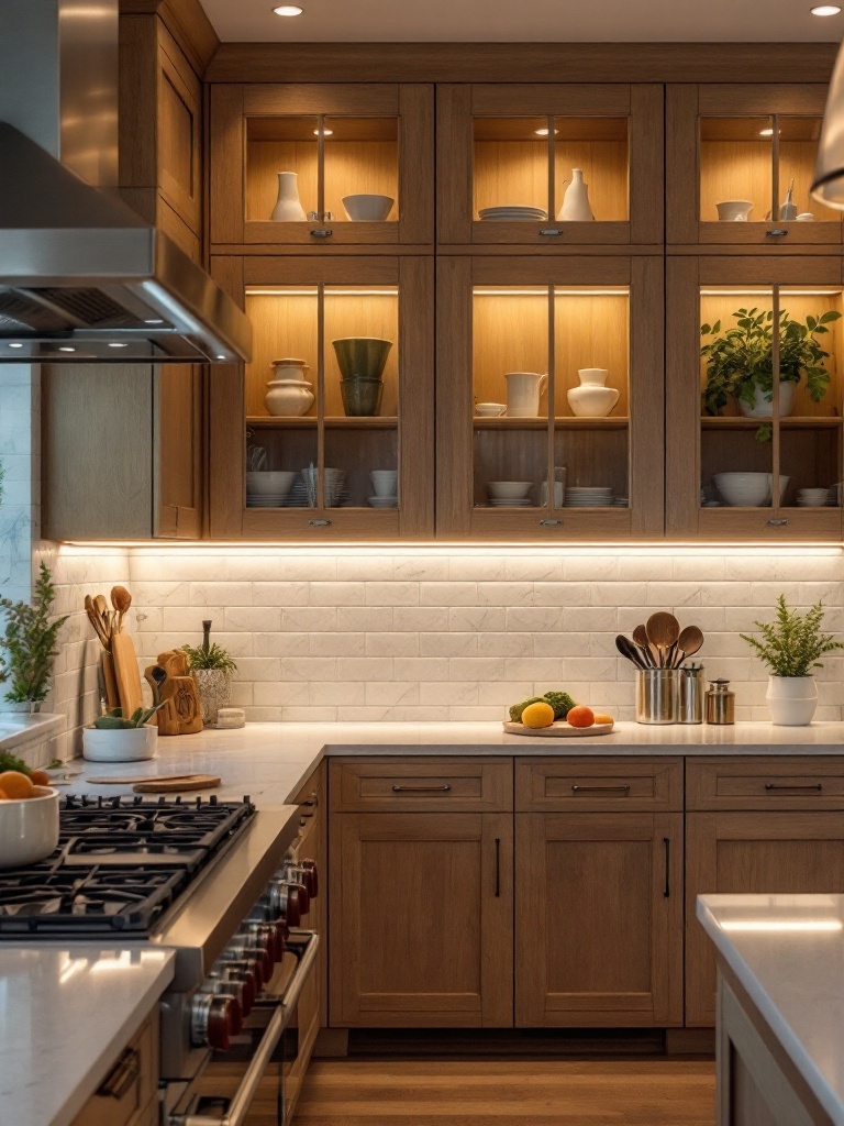 Under-cabinet kitchen lighting enhances functionality and ambiance with adjustable LED strip brightness.