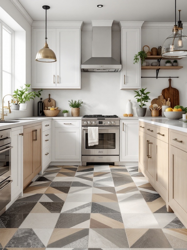 Unique kitchen floor designs with patterned tiles, hardwood, and polished concrete creating distinct zones.