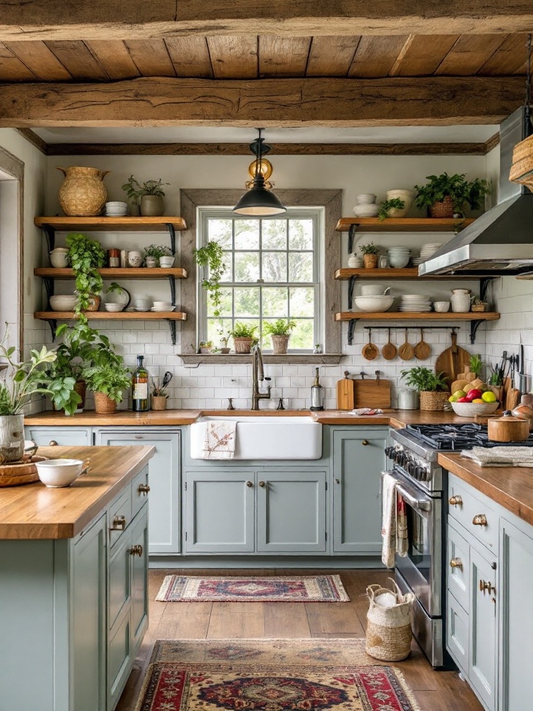 A charming kitchen with vintage accents, featuring antique furniture and retro appliances for warmth.