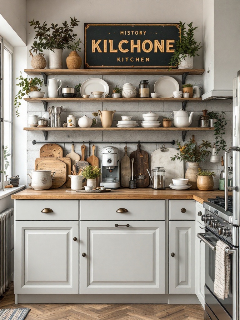 Vintage kitchen decor featuring antique items, retro appliances, and charming signage for coziness.