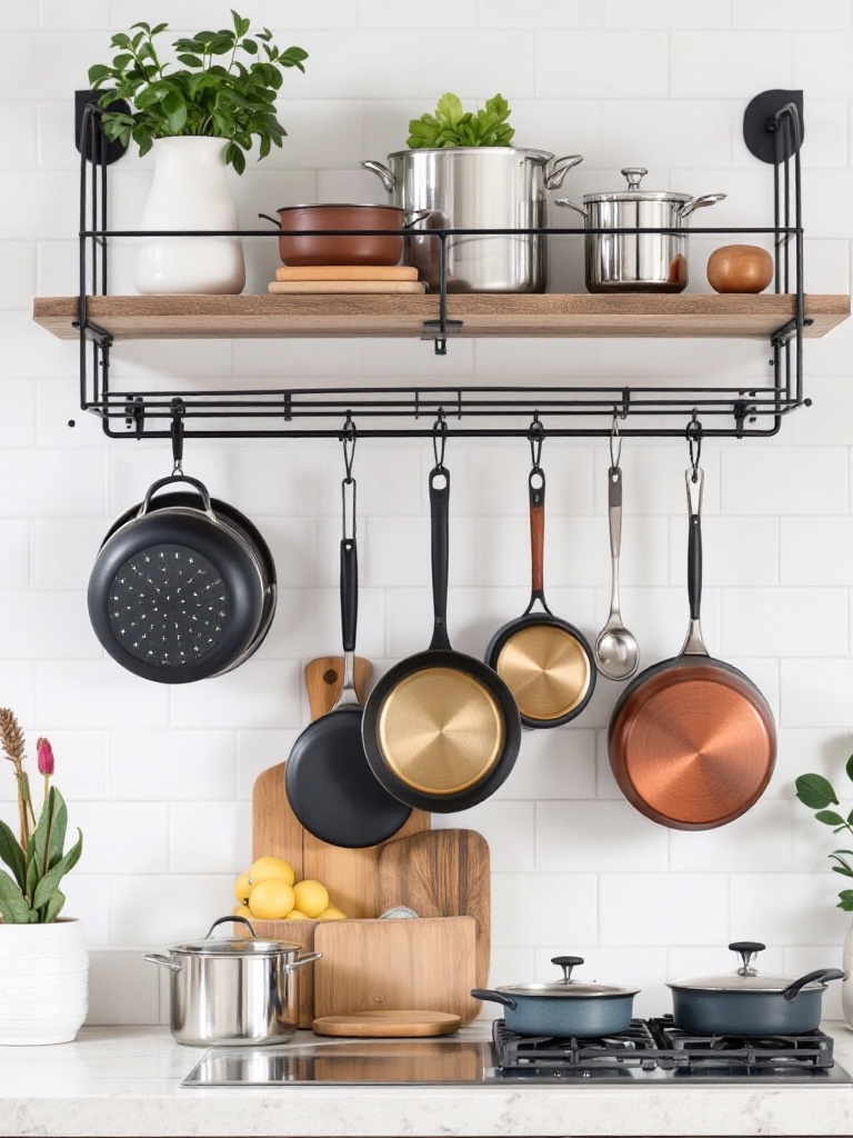 Wall-mounted pot rack displaying cookware, enhancing kitchen decor and accessibility, inspiring cooking.