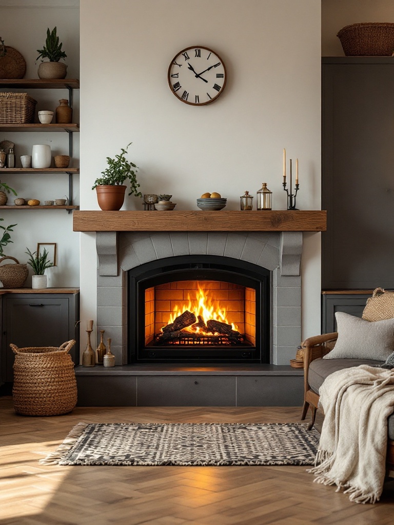 Cozy kitchen with fireplace as focal point, featuring comfortable seating for relaxation and warmth.