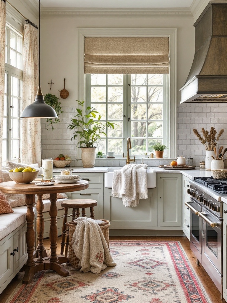 Cozy kitchen textiles, including soft tablecloths, cushions, and blankets, enhance warmth and comfort.