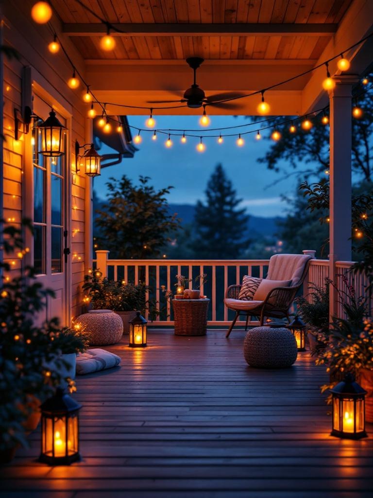 Warmly lit front porch with string lights and lanterns, creating a cozy and inviting evening ambiance.