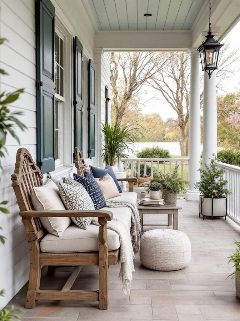 Benches with cushions and planters offering communal seating for porches in various styles and designs.