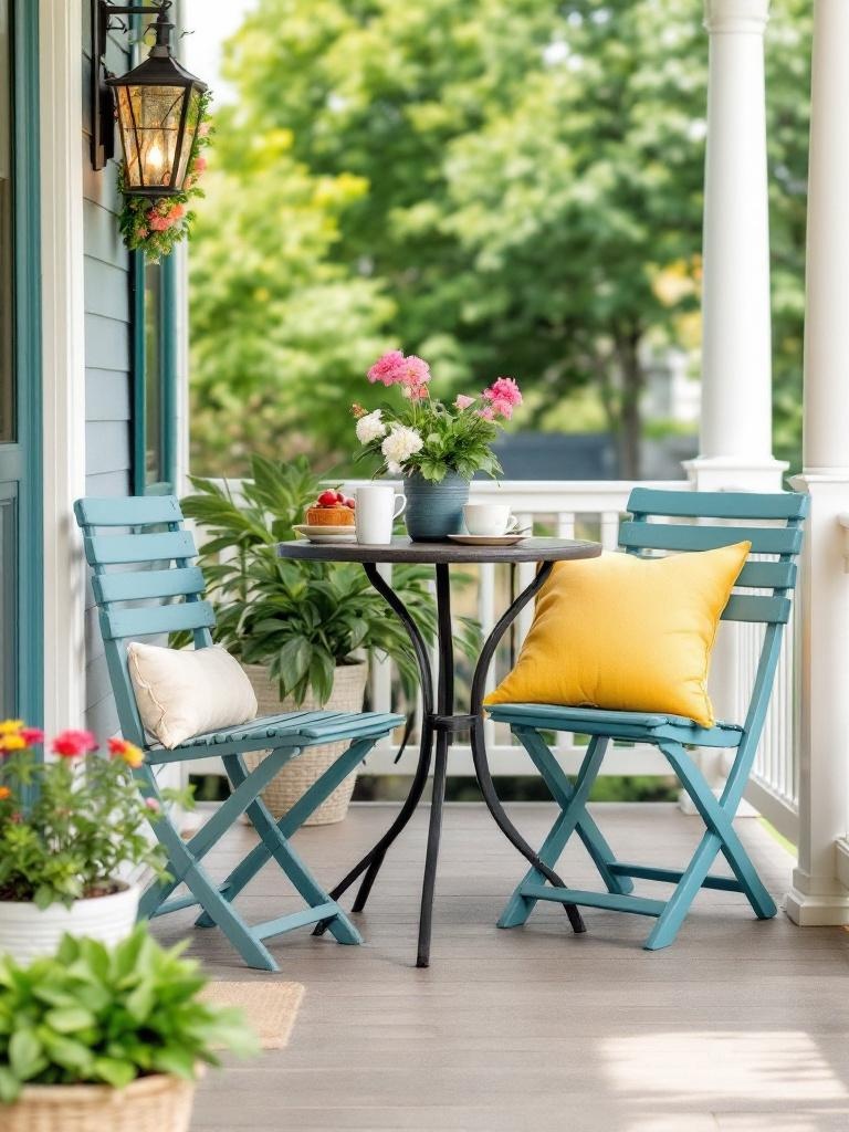 Compact bistro set with small table and two chairs, ideal for outdoor dining on a porch.