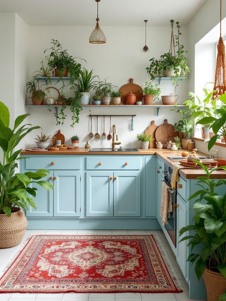Light blue kitchen with bohemian decor, featuring vintage rugs, eclectic pottery, and plants for flair.