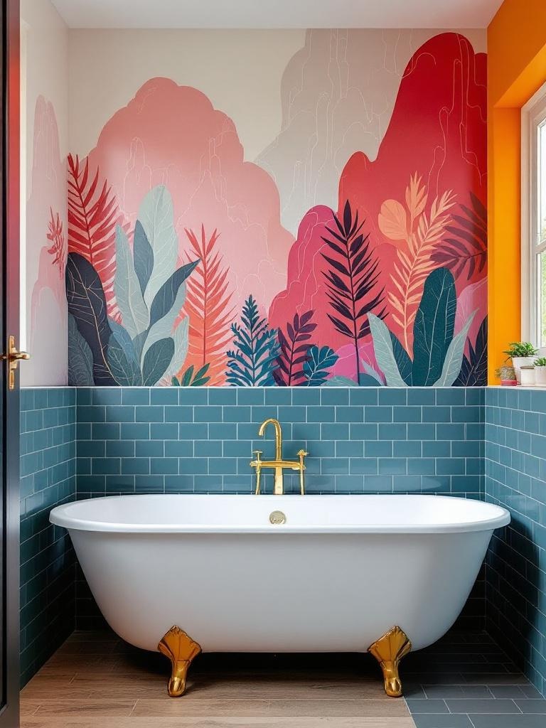 A small bathroom with a bold accent wall behind a bathtub, featuring vibrant tiles or wallpaper.