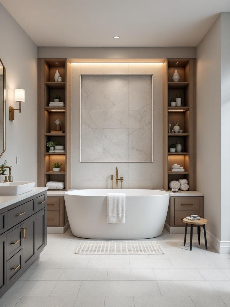 Built-in bathtub in a sleek bathroom, maximizing space with integrated look and adjacent seating shelves.