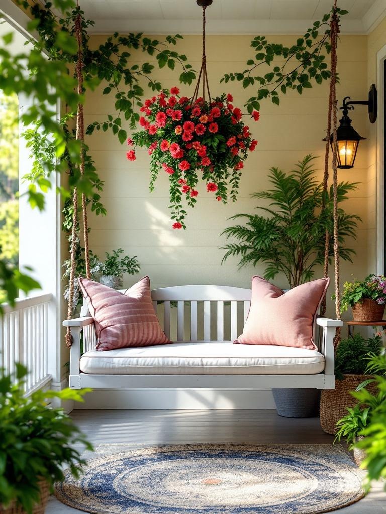 A classic porch swing with cushions invites relaxation and conversation in a charming outdoor setting.