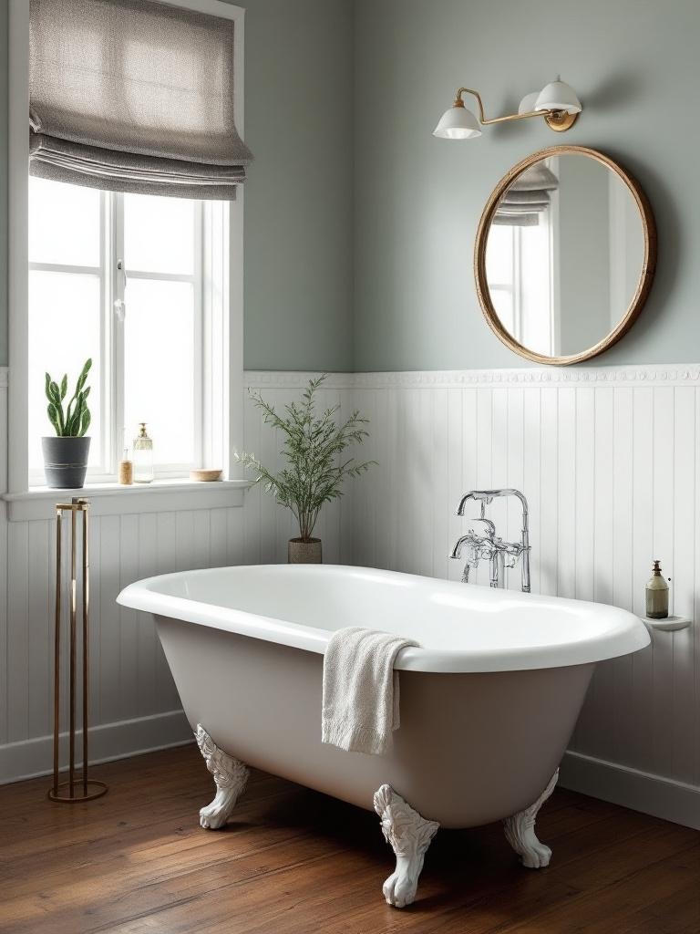 Clawfoot bathtub in a stylish bathroom, showcasing vintage charm and maximizing small space efficiency.