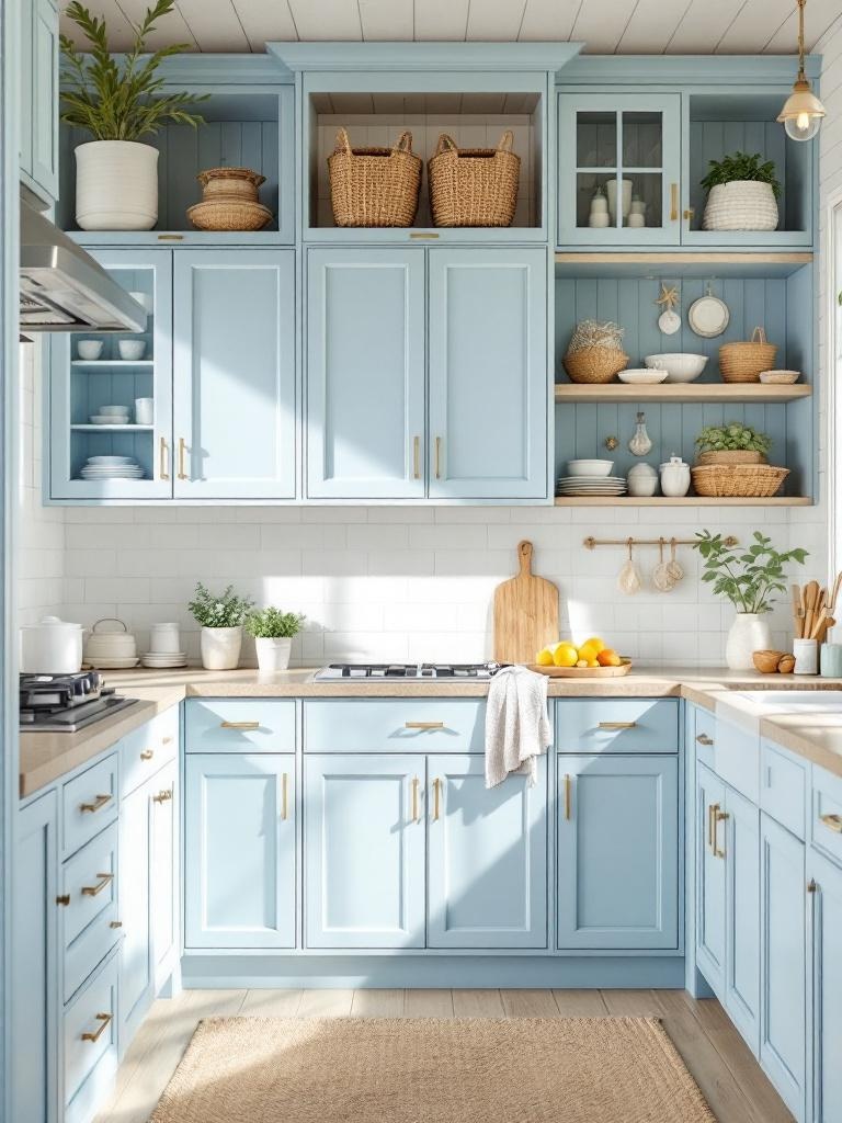 Light blue coastal-themed kitchen with cabinetry, sandy accents, and marine decor for a serene atmosphere.