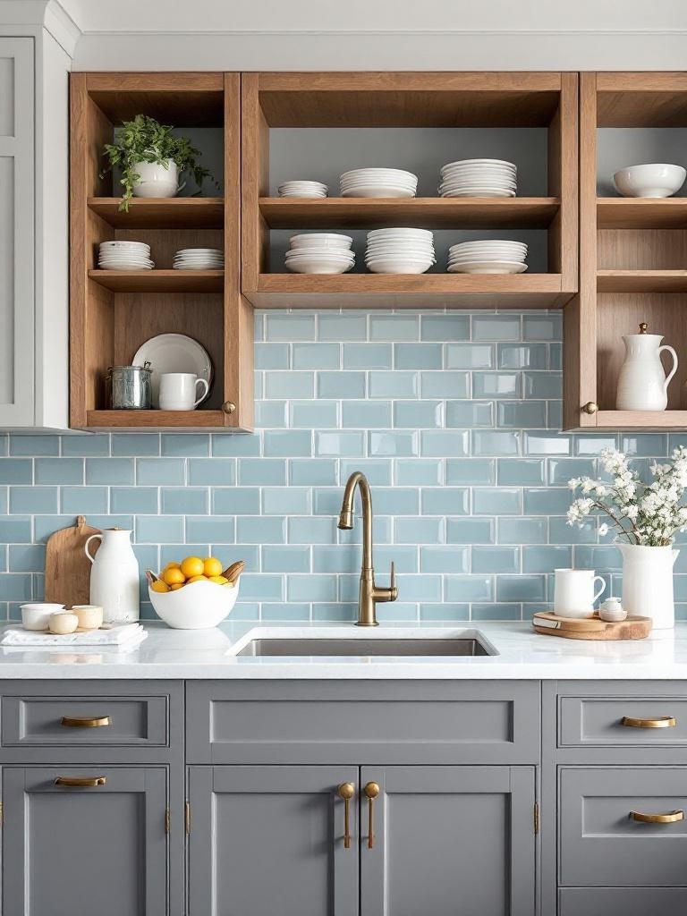 Light blue tile backsplash in a kitchen, contrasting with neutral cabinets for added texture and design.