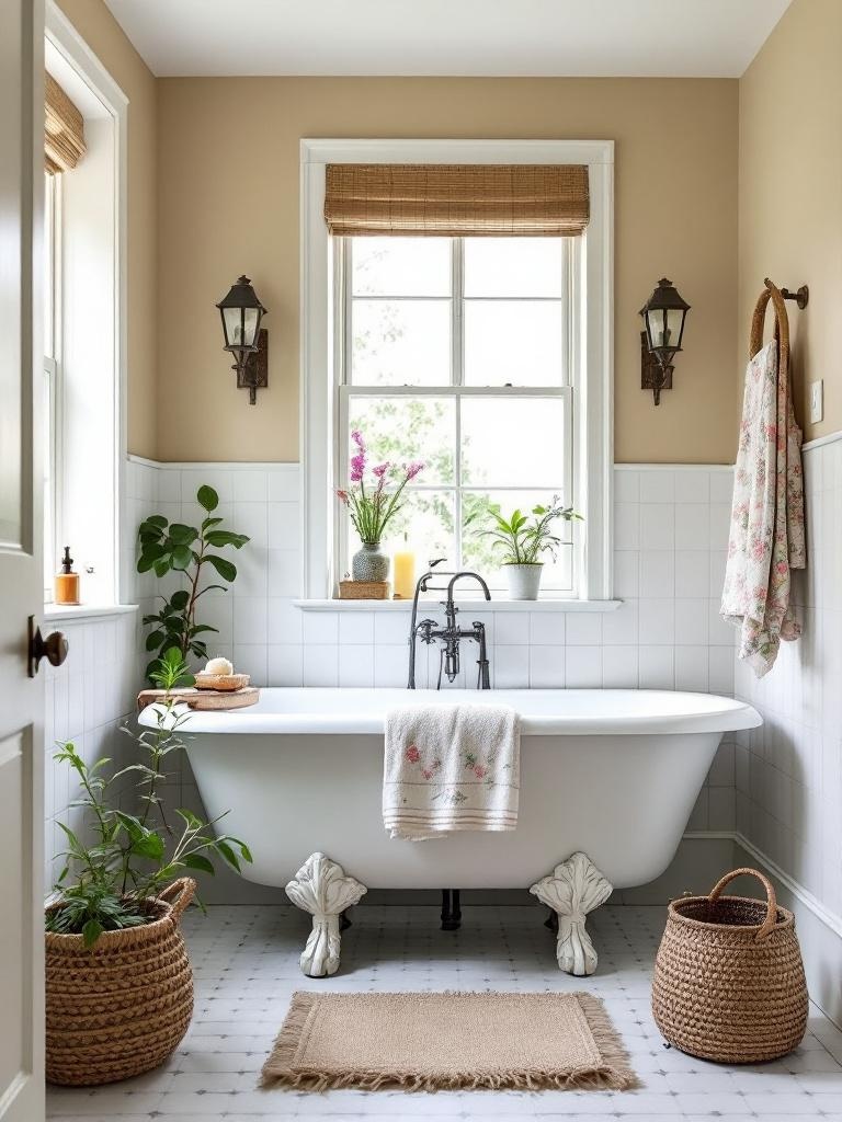 Compact cottage-style bathroom with vintage bathtub, rustic accessories, woven baskets, and floral decor.