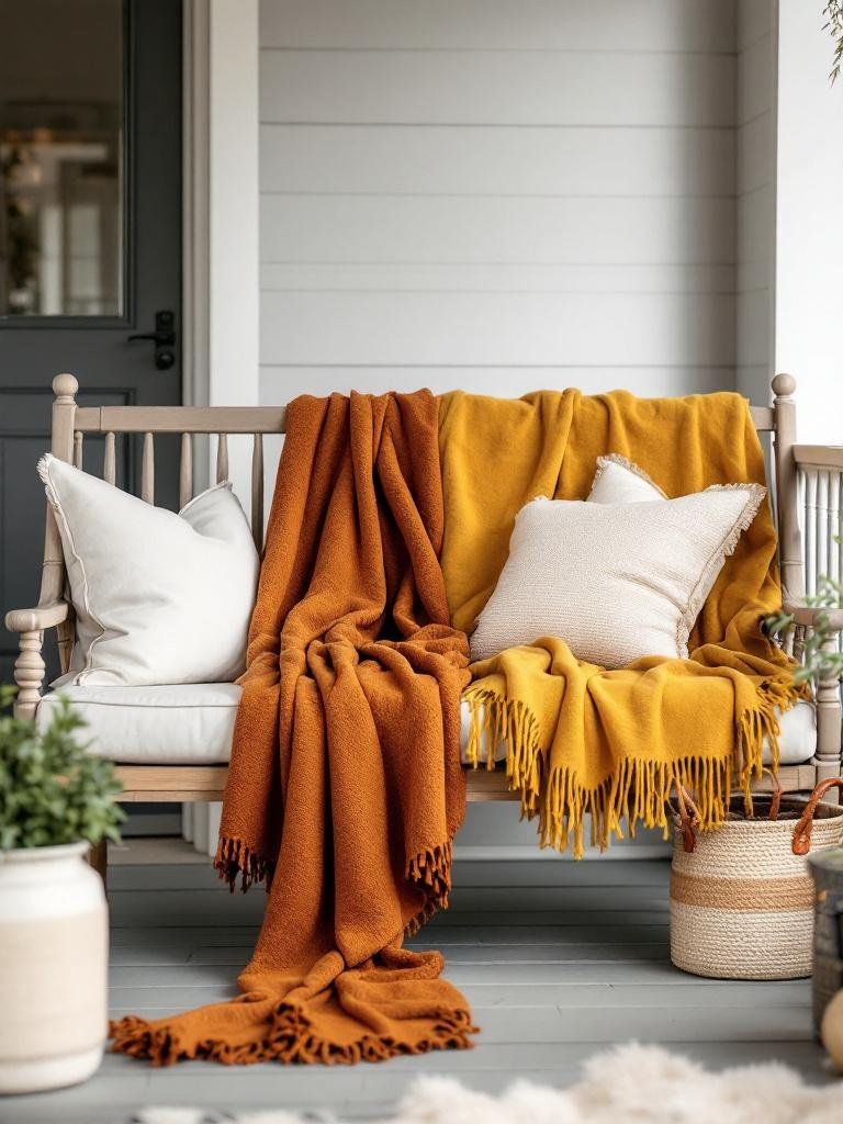 Cozy blankets draped on porch seating and in a basket, enhancing decor with warmth and texture.