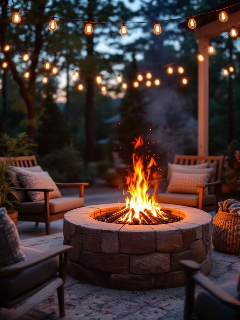 Cozy front porch with a small fire pit, comfortable seating, and inviting atmosphere for gatherings.