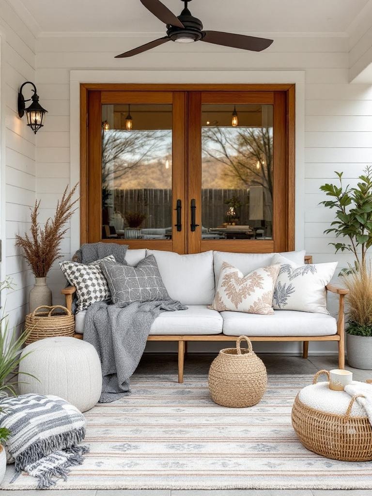 Cozy front porch with throw blankets, patterned pillows, and outdoor rugs for comfort and style.
