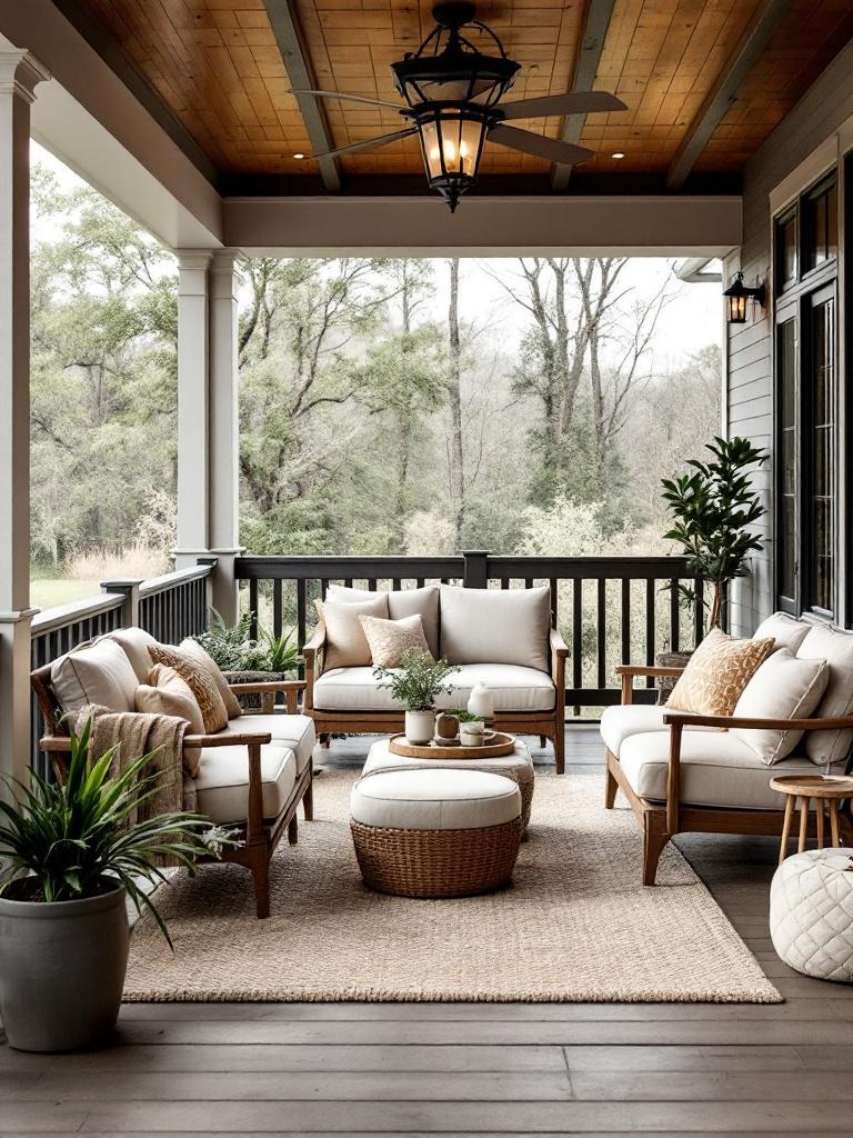 Cozy front porch with diverse seating arrangements for social gatherings, featuring chairs, benches, and ottomans.