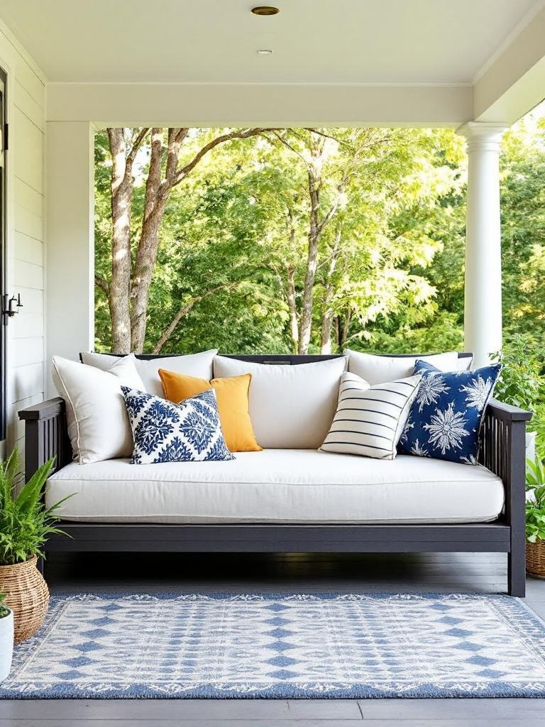 A cozy daybed on a porch, adorned with soft cushions and throw pillows, ideal for relaxation.