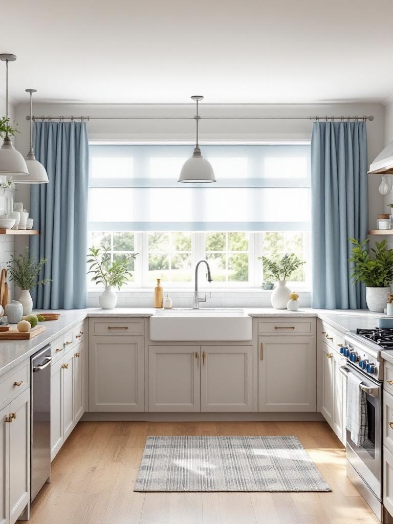 Light blue drapes framing a kitchen window, enhancing elegance and warmth in the designed space.