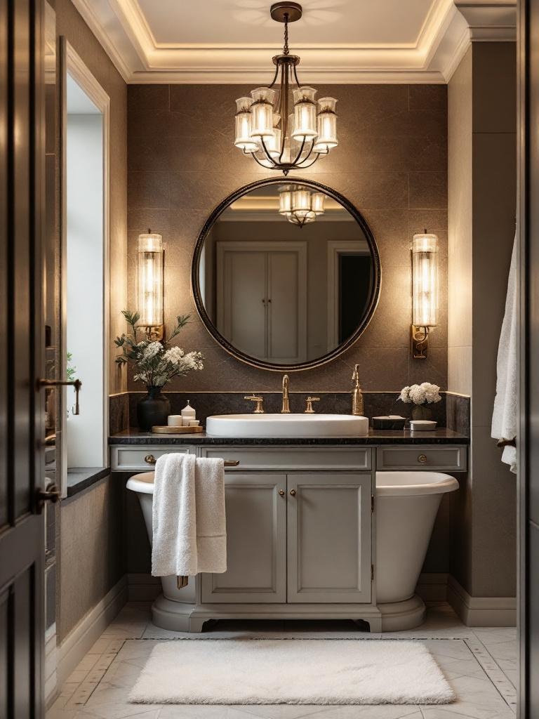 Elegant lighting fixtures in a small bathroom, featuring a chandelier above a tub for ambiance and function.