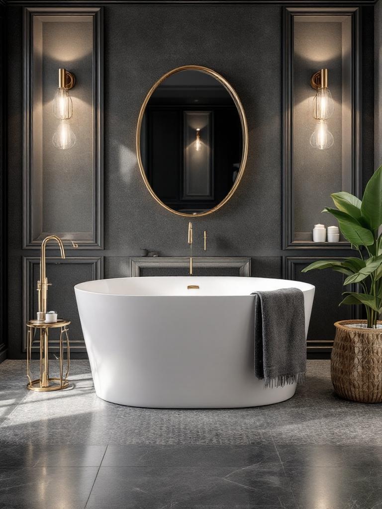 Elegant freestanding bathtub in a small bathroom, featuring chic faucet and decorative elements.