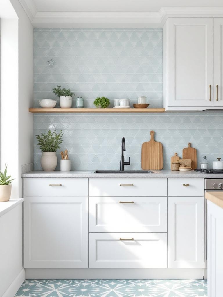 Light blue geometric patterns on kitchen backsplash and flooring, adding style and visual interest.