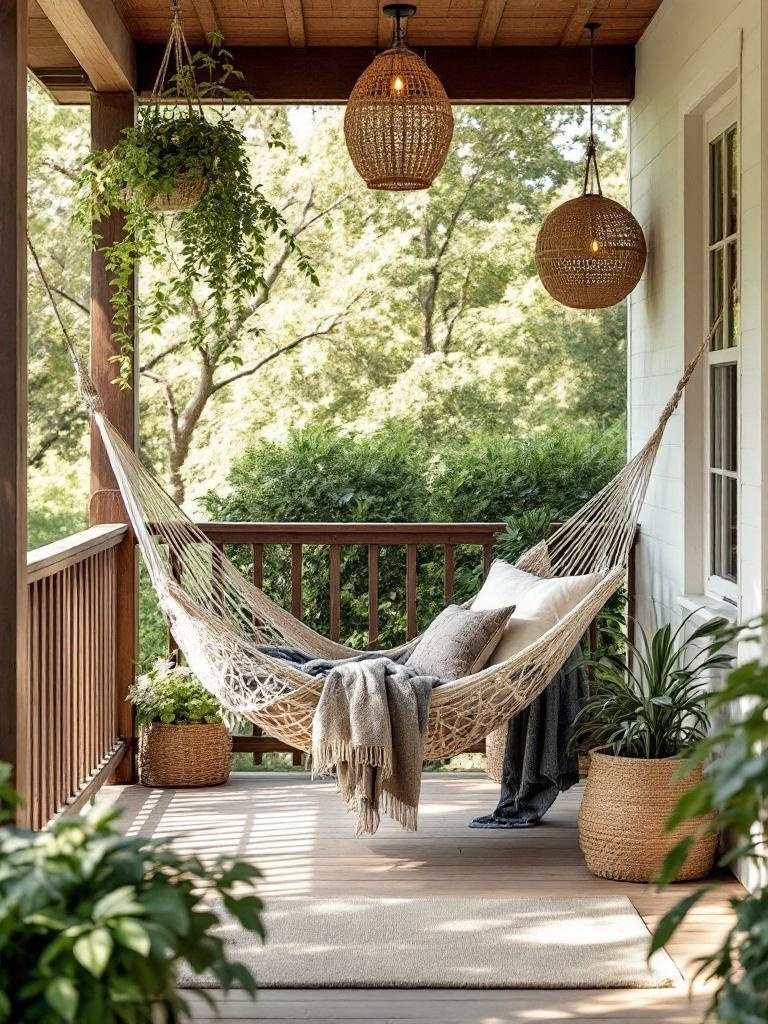 A cozy front porch with a weather-resistant hammock, cushions, and throws for relaxation and style.