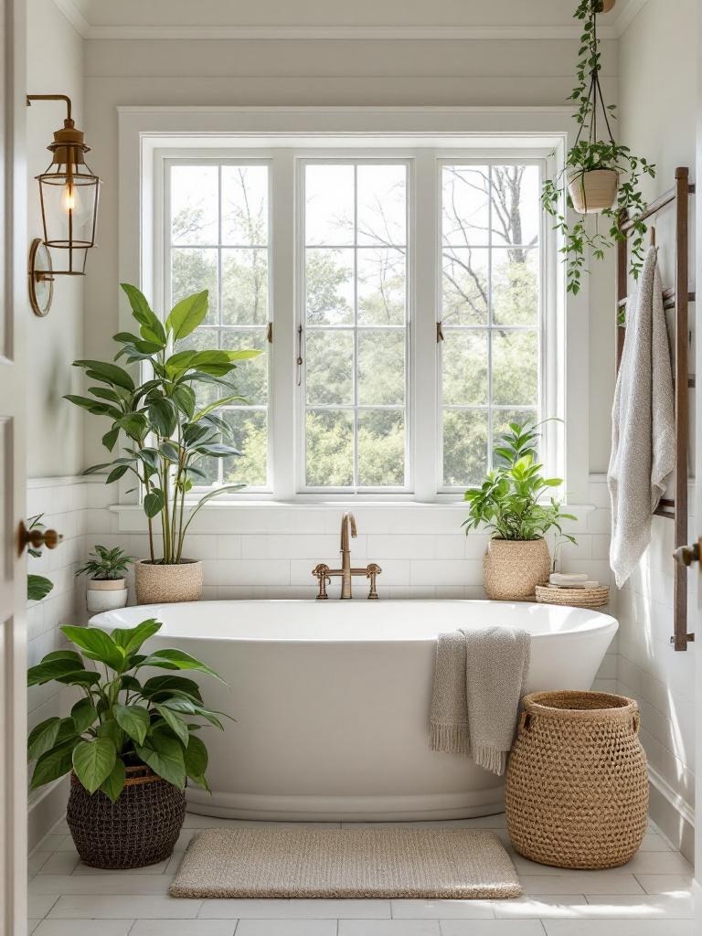Small bathroom with low-maintenance plants around the tub, creating a fresh and inviting atmosphere.
