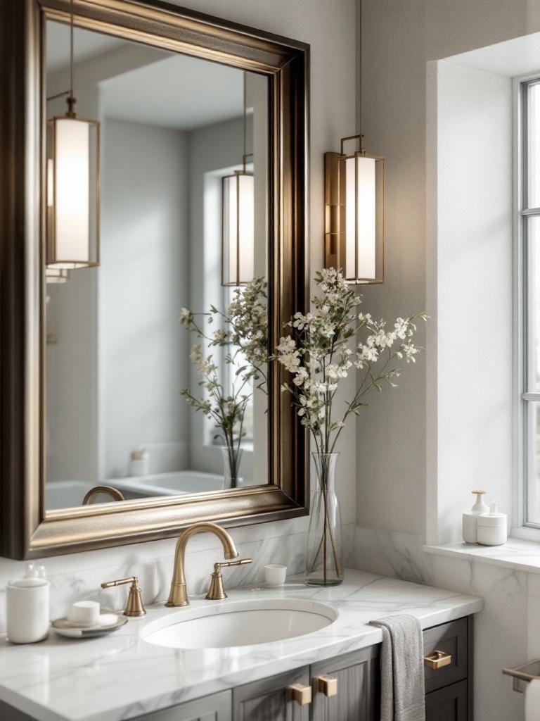 Large mirrored bathroom with stylish frame reflecting light, creating an illusion of more space.