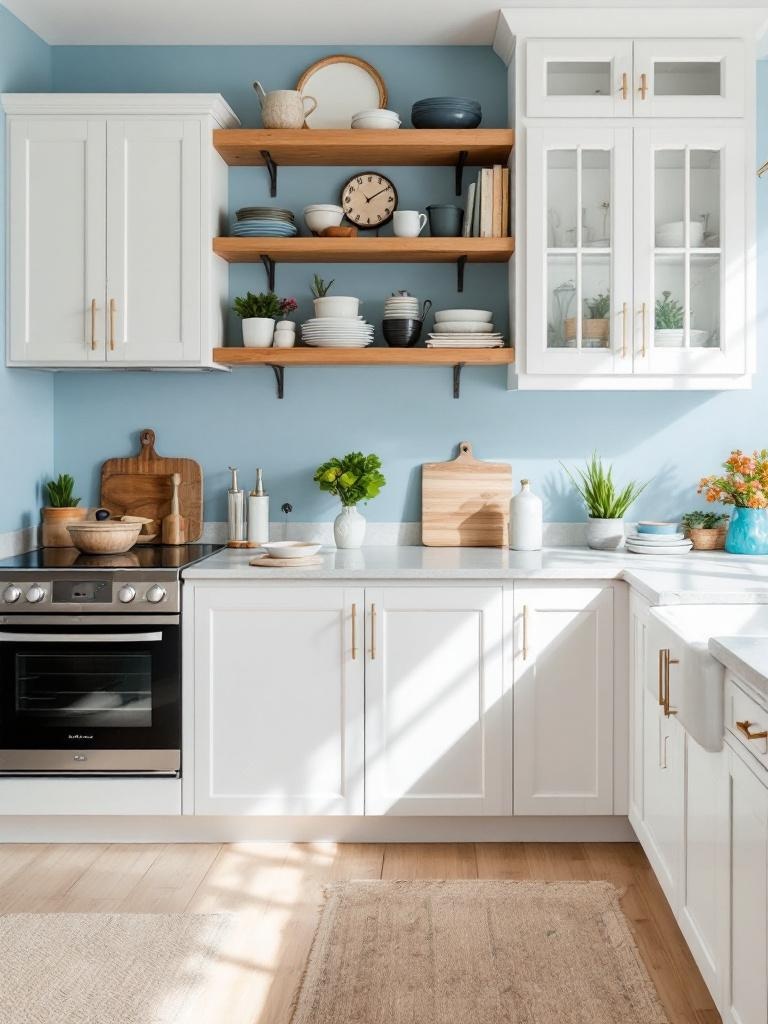 Light blue accent wall in a kitchen, enhancing white cabinets and wooden features for depth and charm.