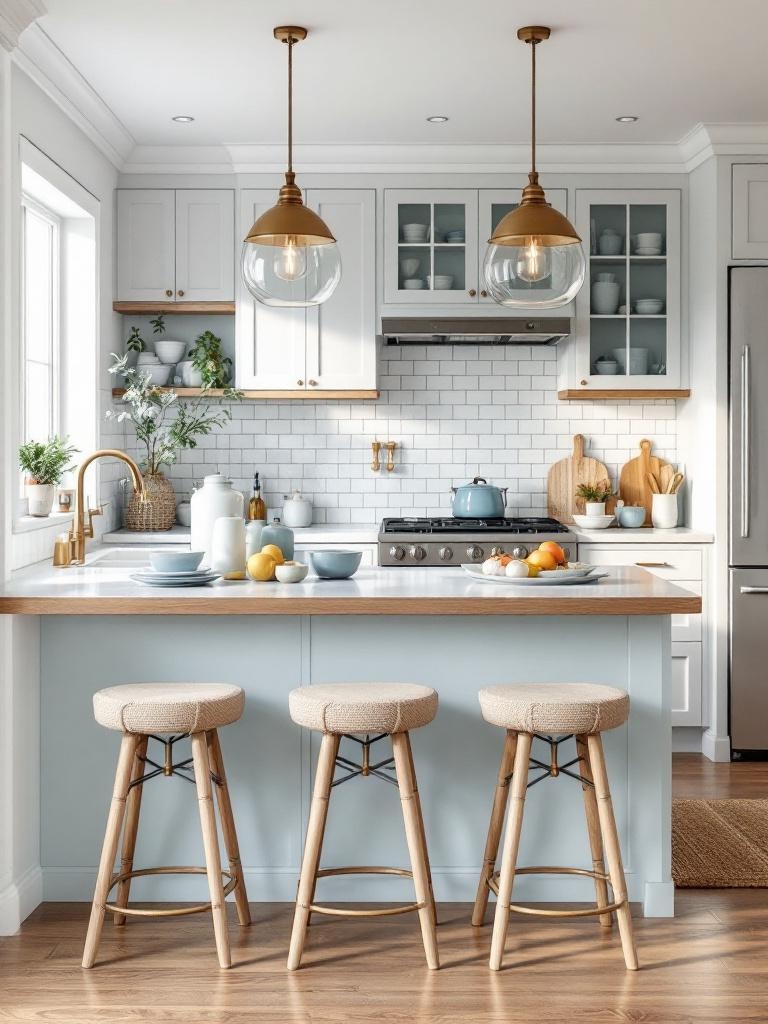 Light blue kitchen accents, like bar stools and dishware, enhance space without overwhelming the design.