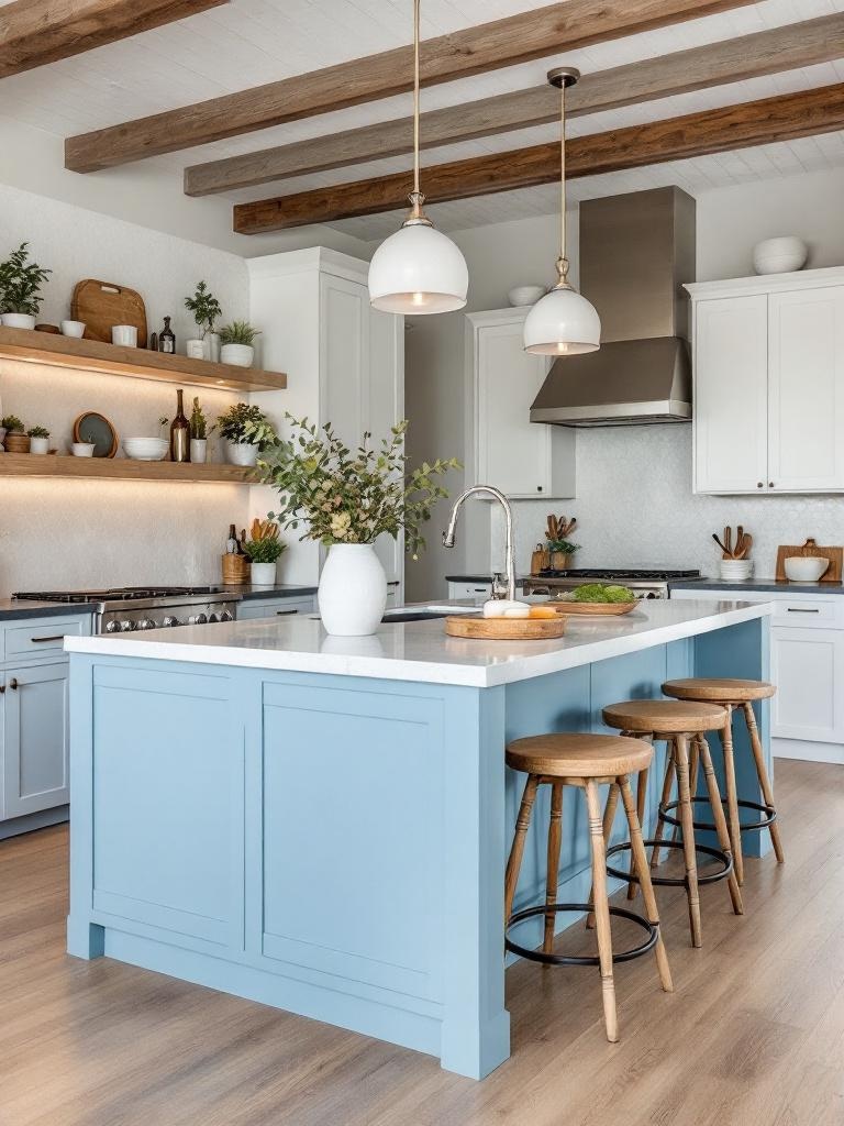 Light blue kitchen island with dark countertops, creating a vibrant focal point in an open-concept space.