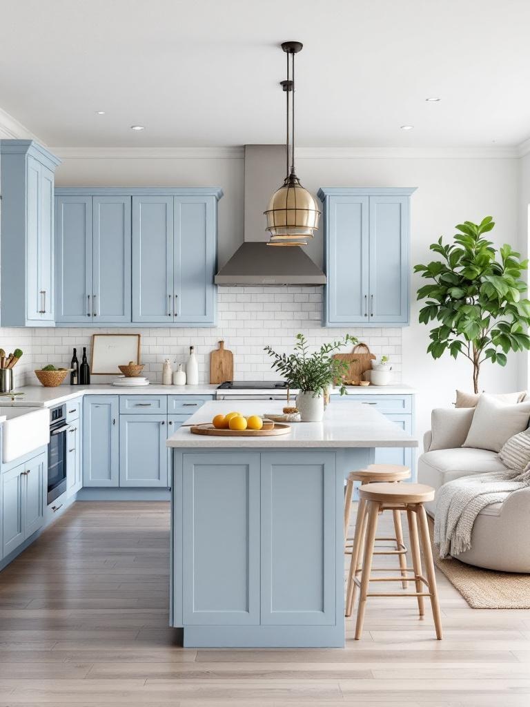 Light blue kitchen elements seamlessly blend with adjacent rooms, creating a cohesive and harmonious space.