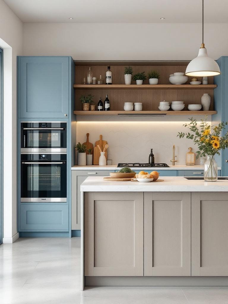 Light blue kitchen with various paint finishes highlighting cabinetry details and individual style.