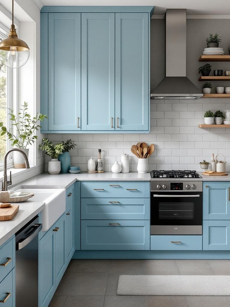 Modern kitchen featuring light blue cabinetry, gray countertops, and stainless steel appliances for sophistication.