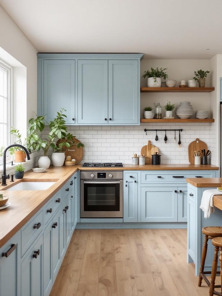 Light blue kitchen cabinets with wooden countertops create a warm, rustic aesthetic and inviting atmosphere.