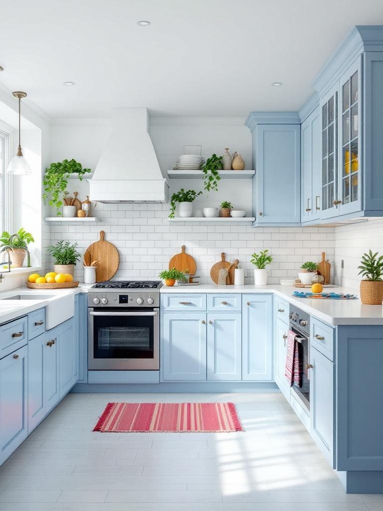 Light blue cabinets with white countertops in a bright kitchen, enhanced by colorful decor and lighting.