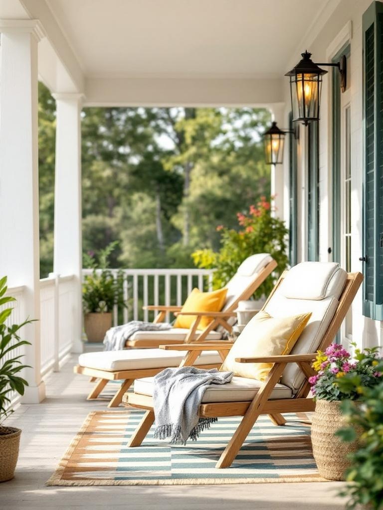 Lounge chairs on a front porch for relaxation and sunbathing, featuring various stylish designs.