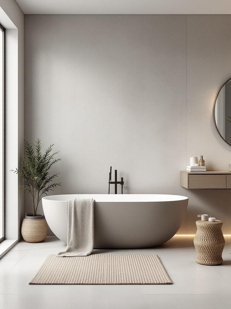 Minimalist bathroom with a sleek tub, neutral colors, plants, and simple decor for an open feel.
