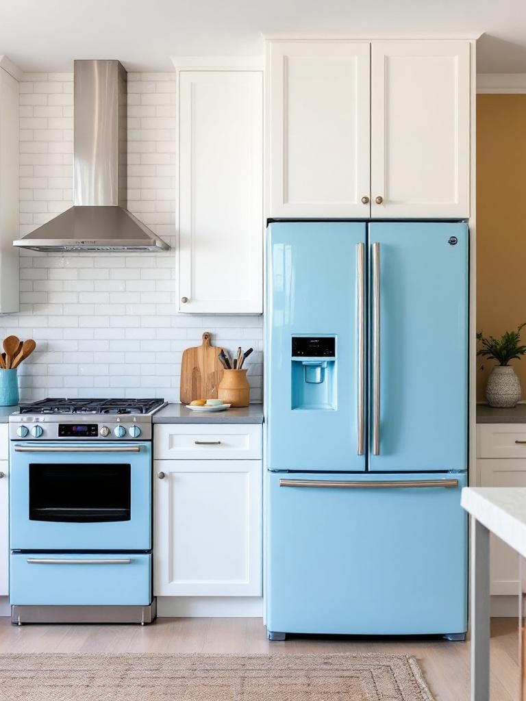 Light blue modern kitchen appliances enhance decor, paired with neutral cabinetry for a unique touch.