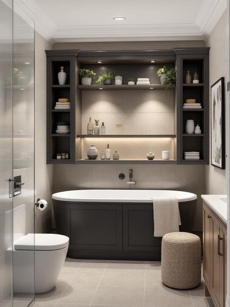 Narrow soaking tub in a compact bathroom with built-in shelves for bath essentials and decluttering.