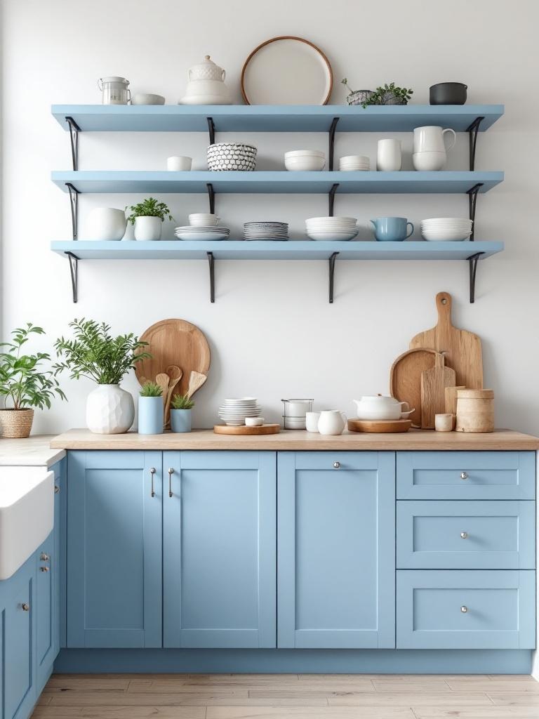Open light blue shelving displays dishes and decor, enhancing kitchen color and space while promoting organization.