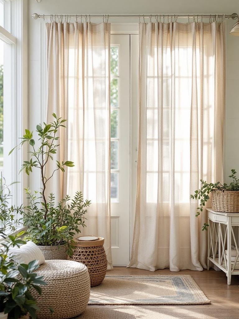 Outdoor curtains on a porch providing charm, privacy, and shade, enhancing the cozy atmosphere.