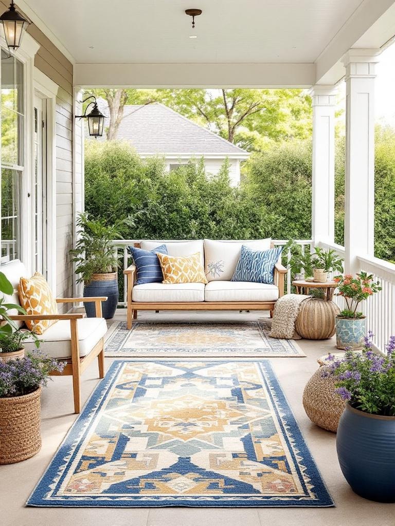 Colorful outdoor rug on a porch, providing comfort and style while defining seating areas.