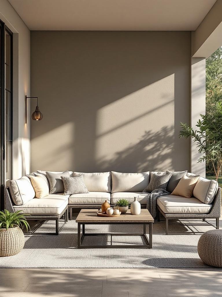 Cozy outdoor sofa set with weather-resistant cushions, arranged with a coffee table for gatherings.