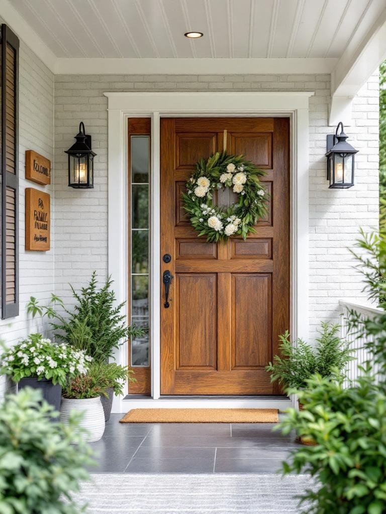 Custom welcome sign and family name plaque enhancing a charming front porch's character and style.