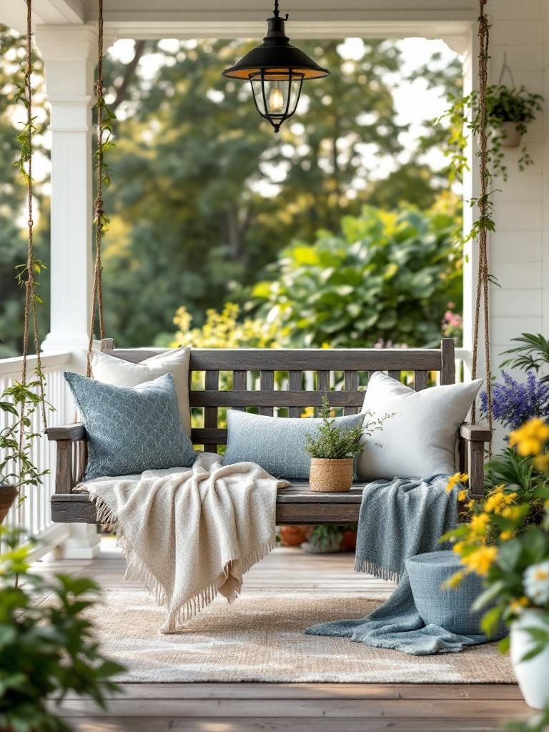 A cozy porch swing with throw pillows on a sunny porch, inviting relaxation and outdoor enjoyment.