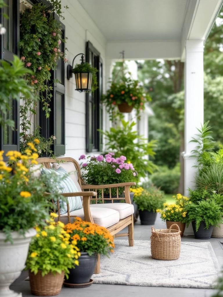 Potted plants and flowers on a front porch, creating a colorful, tranquil, and inviting seating area.